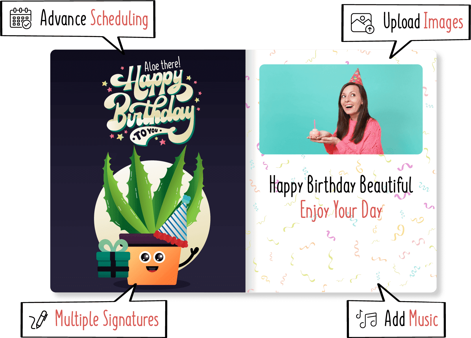 Group greeting cards with multiple signatures, image uploads, music, and scheduling